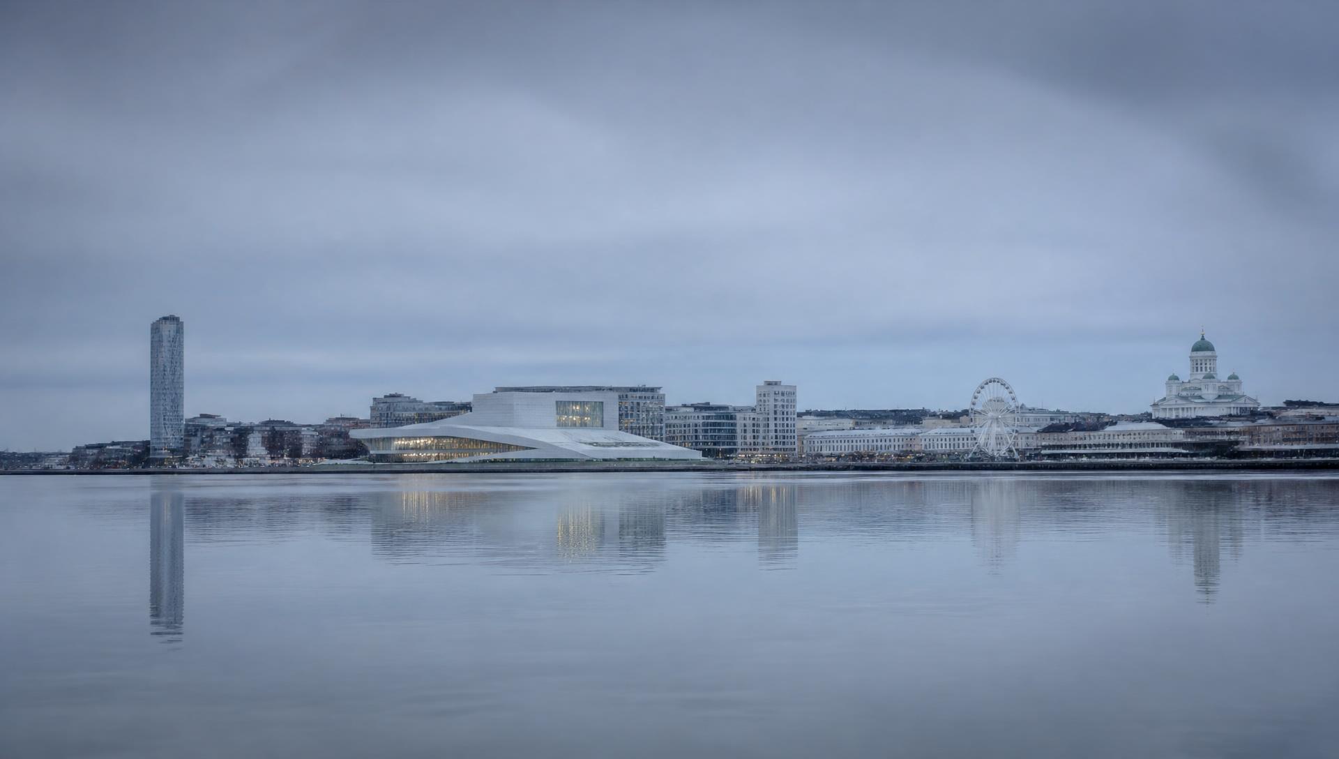 Nordic waterfront city skyline at dawn
